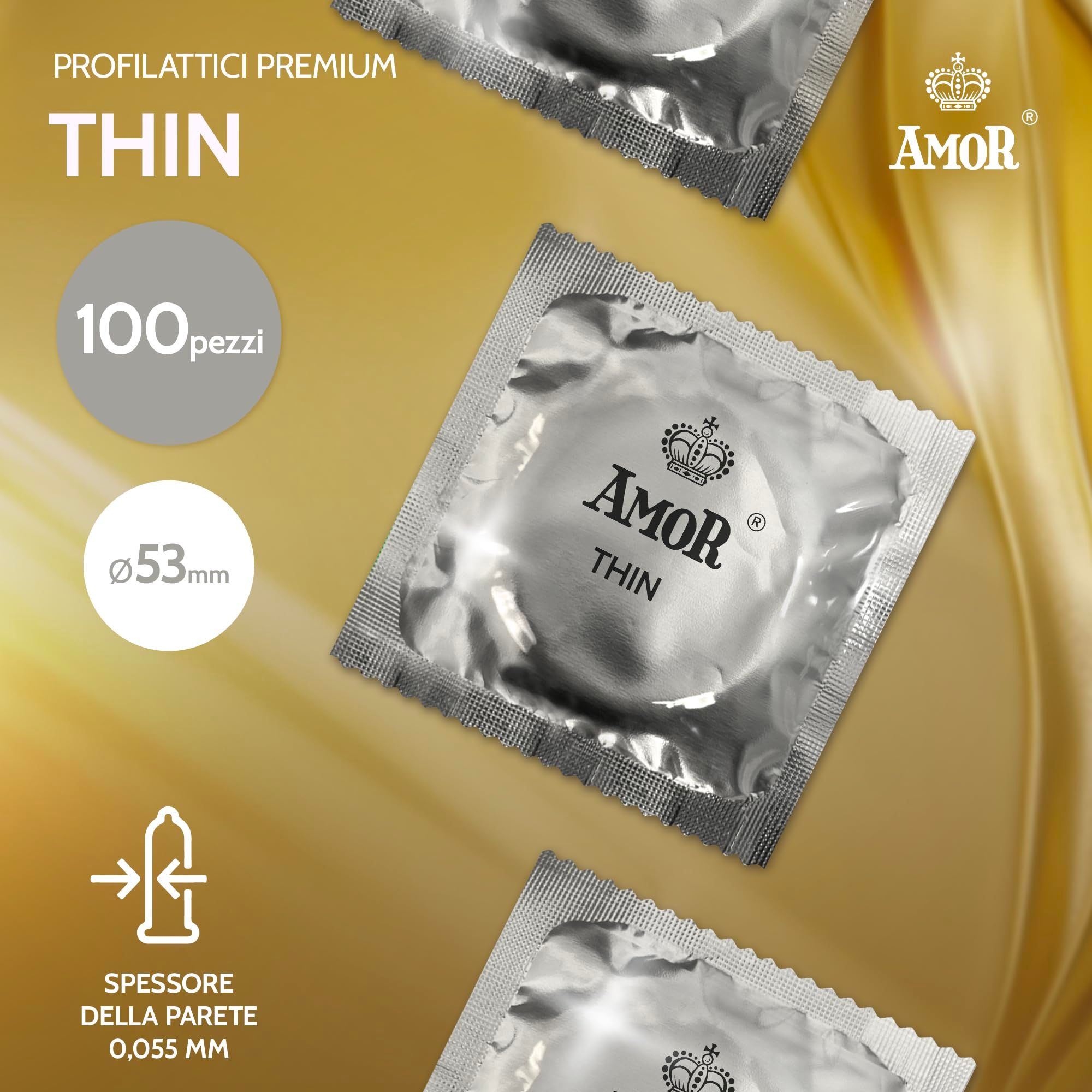 Tre preservativi Amor Thin confezionati singolarmente su uno sfondo dorato e fluido. A sinistra, informazioni sul prodotto: 100 pezzi, diametro 53mm, spessore 0,055mm.