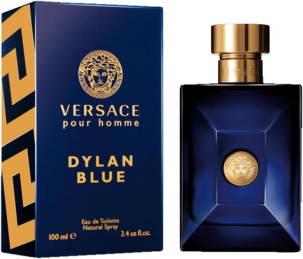 Flacone e scatola di profumo blu. Tappo dorato. Scritta: Versace pour homme Dylan Blue. Logo Medusa.