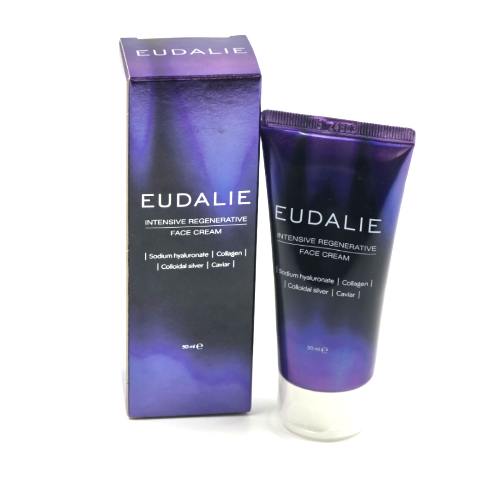 Tubo e scatola EUDALIE. Scritto: Intensive Regenerative Face Cream. Ingredienti: Ialuronato, collagene, argento colloidale, caviale. Confezione viola.