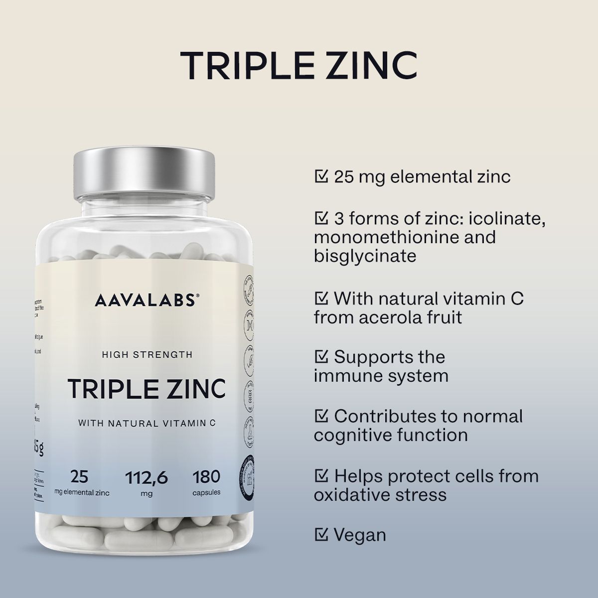 Capsule Aavalabs Triple Zinc: 25mg zinco, 3 forme di zinco, Vitamina C.