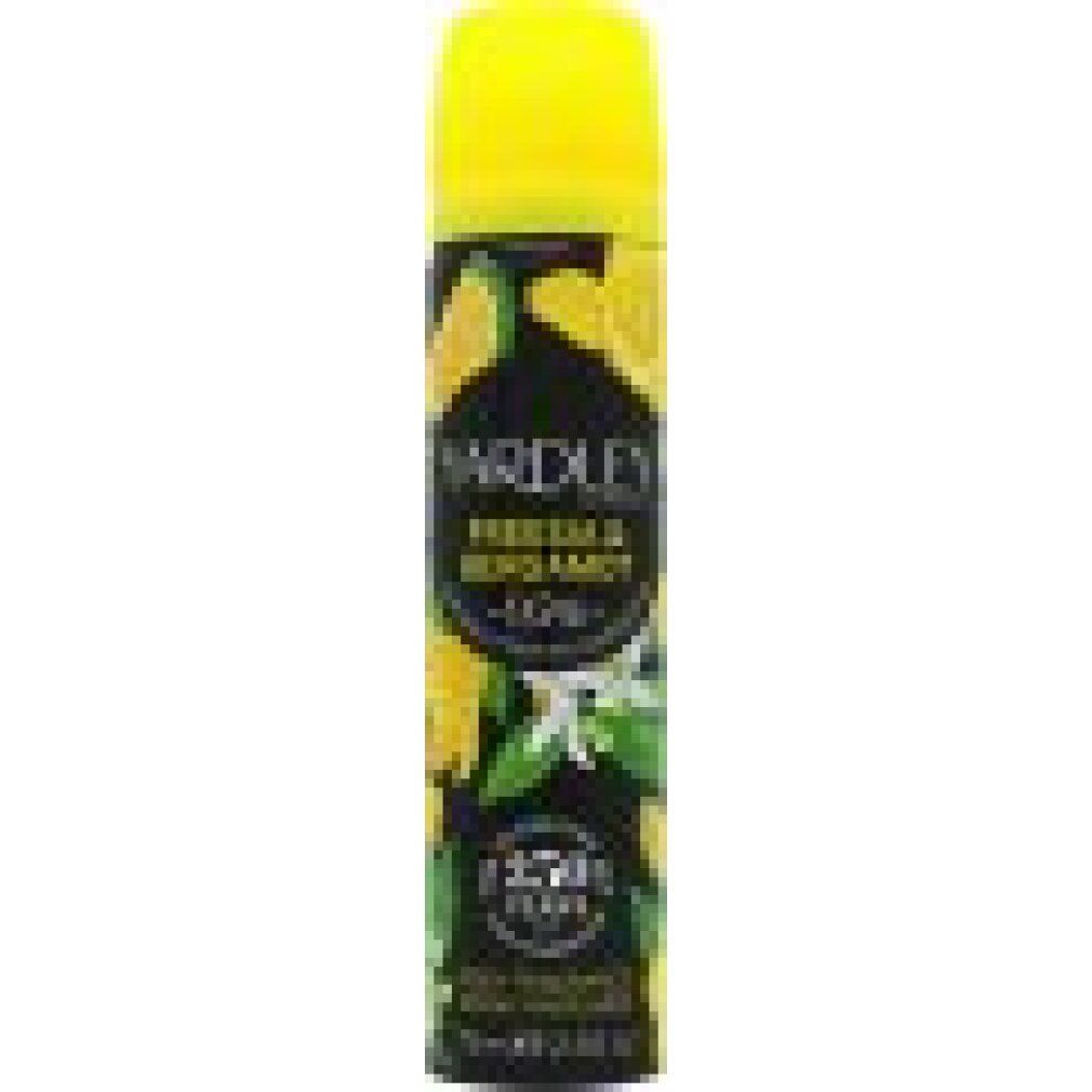 Spray per il corpo con tappo giallo. Confezione nera con limoni gialli e testo bianco. "Yardley London" e "Freesia & Bergamot".