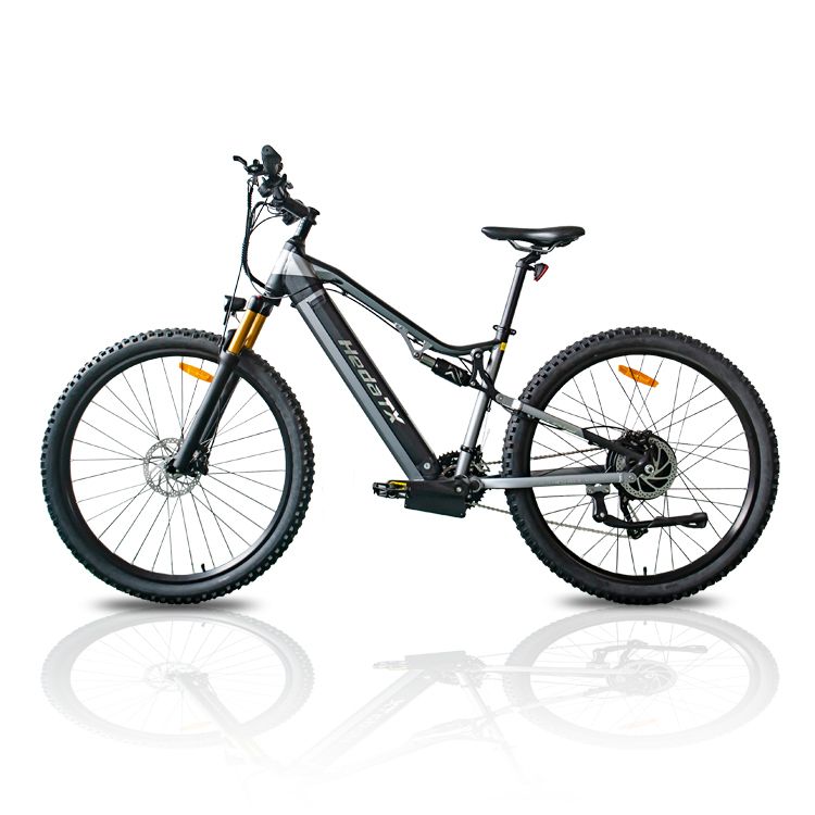 E-MTB HedaTX TX19. Telaio nero-grigio, pneumatici neri. Elementi di sospensione gialli. Vista laterale, sfondo bianco.
