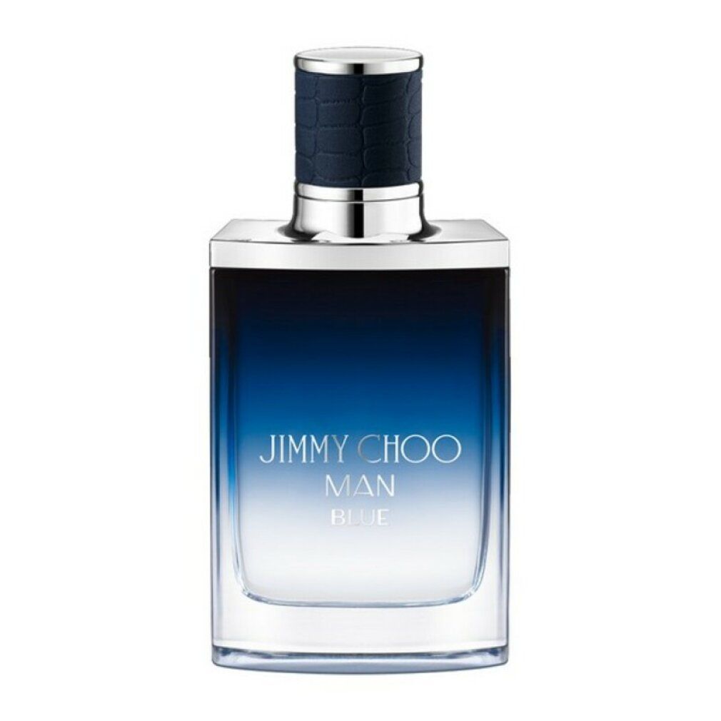 Spray Eau de Toilette blu e bianco. Flacone di vetro rettangolare con tappo argentato e liquido blu. Scritta: JIMMY CHOO MAN BLUE.