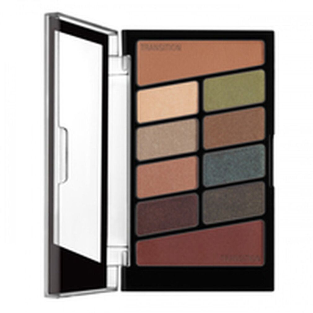 Palette ombretti nera con 10 colori e specchio. Contiene tonalità dal beige al marrone e verde. Marchio: wet n wild.