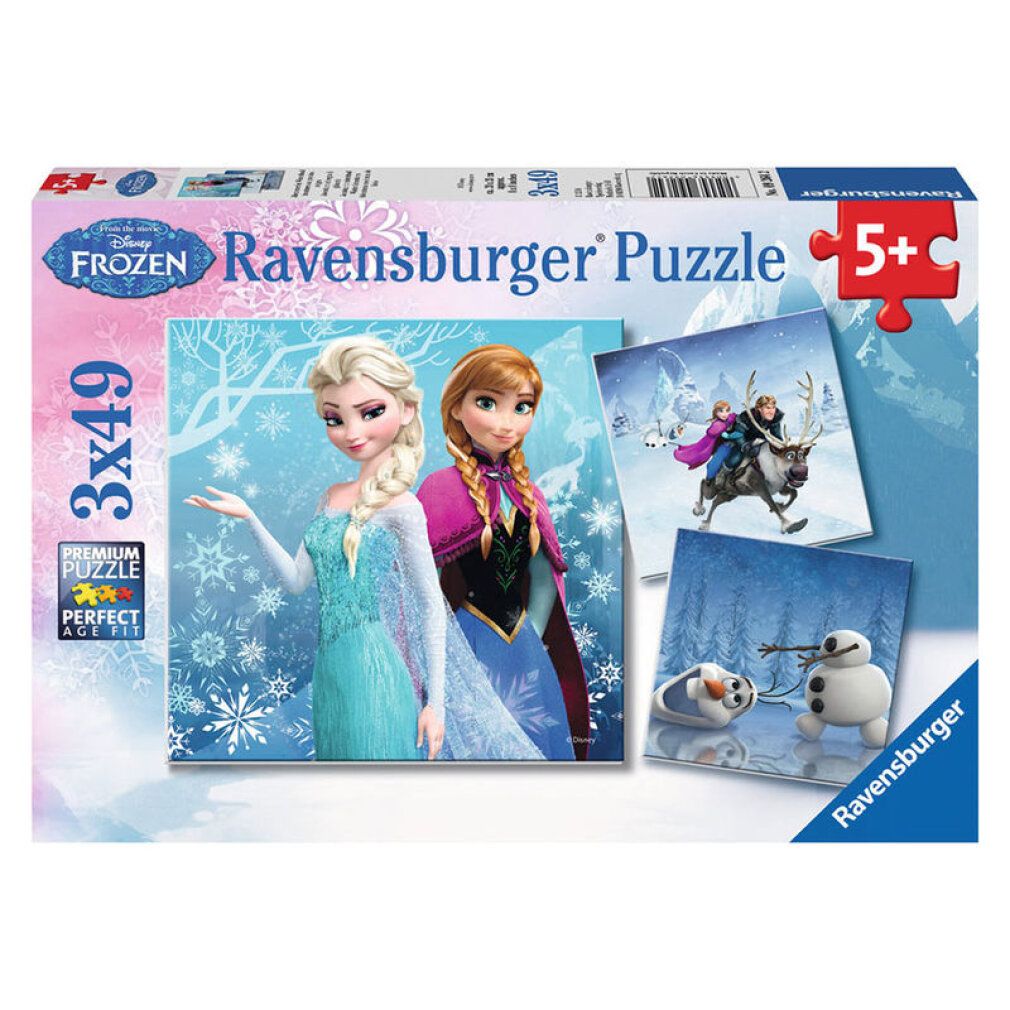 Scatola puzzle con Elsa e Anna. Stampa: 3x49 pezzi, Puzzle Ravensburger, età 5+. Immagini dei personaggi di Frozen.