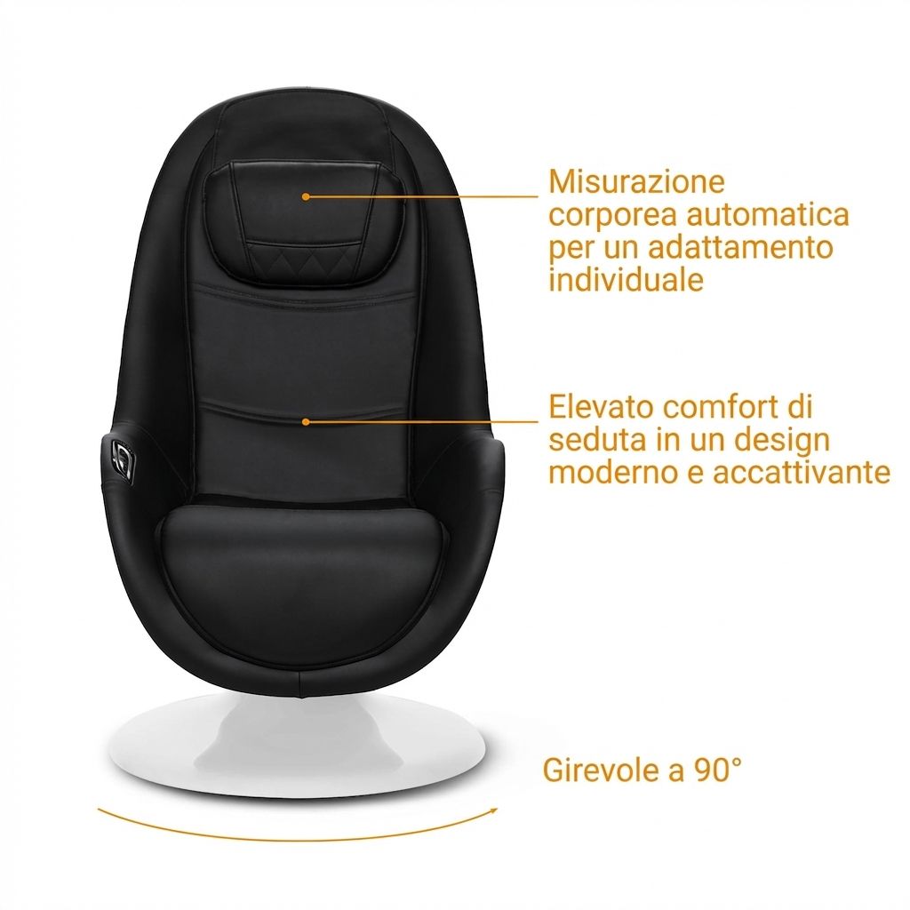 Poltrona massaggiante con indicazioni su adattamento corporeo, comfort di seduta e rotazione a 90°.