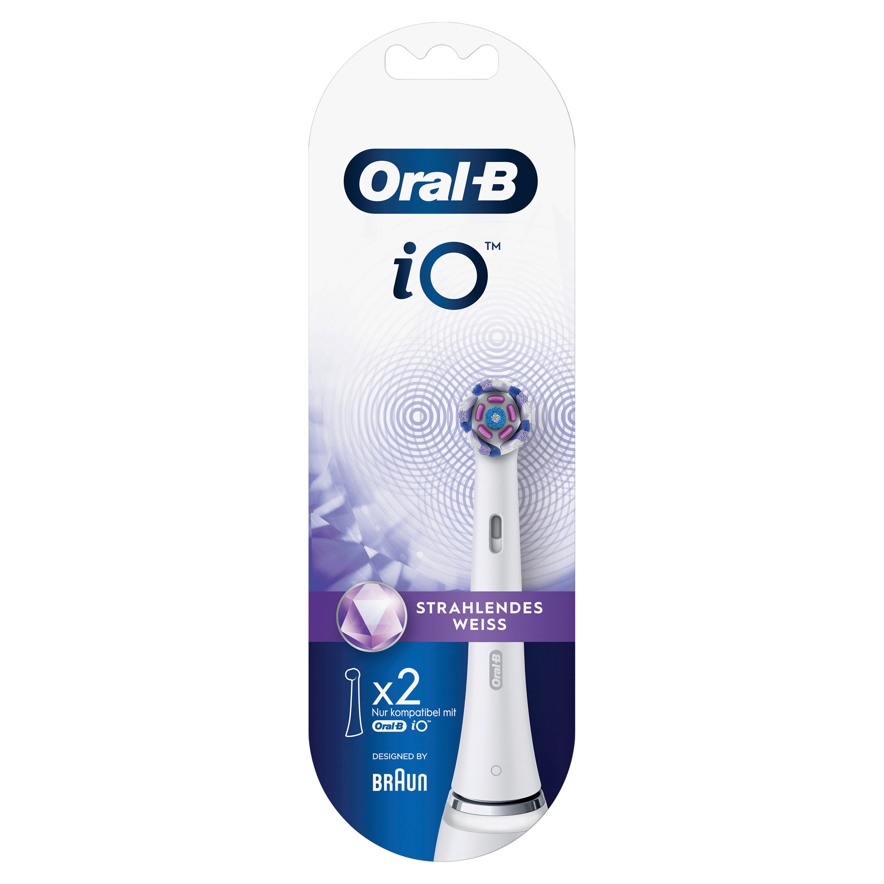 Confezione con una testina iO. Manico bianco, setole viola e blu. Nome del prodotto e x2 visibili.