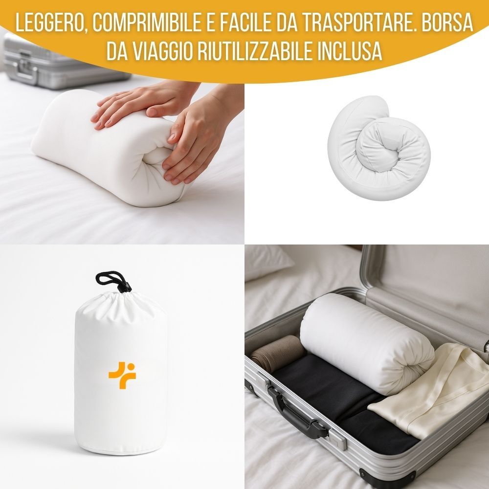 Cuscino arrotolato, in borsa da viaggio e valigia. Cuscino bianco, sacca con coulisse nera, valigia.