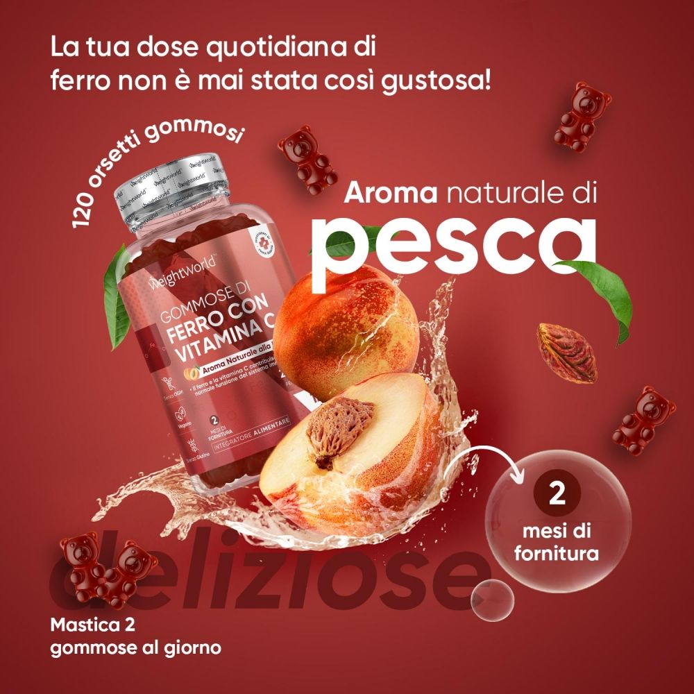 Gommose WeightWorld Ferro & Vitamina C. 120 gommose. Gusto naturale di pesca. 2 mesi di fornitura.