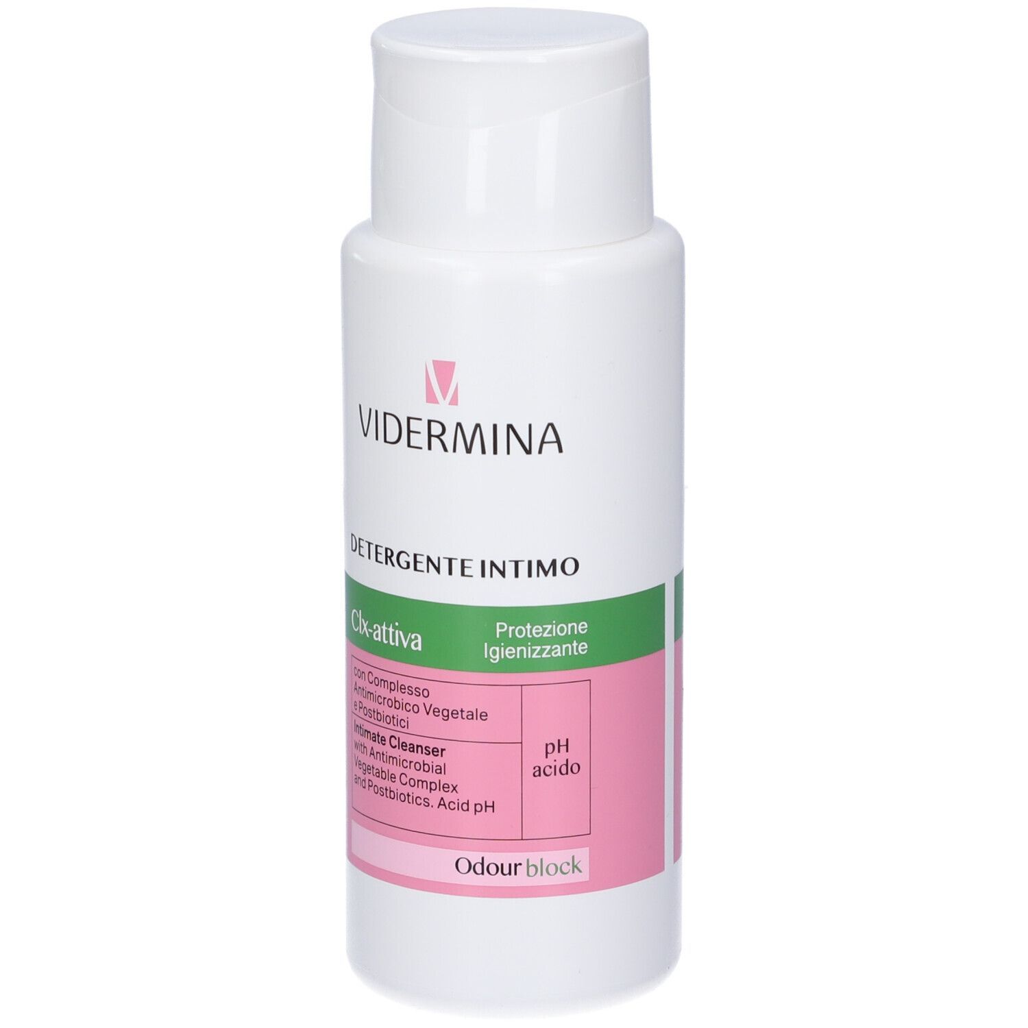 Vidermina CLX-attiva Detergente intimo, flacone 300ml con etichetta che evidenzia le proprietà antimicrobiche.