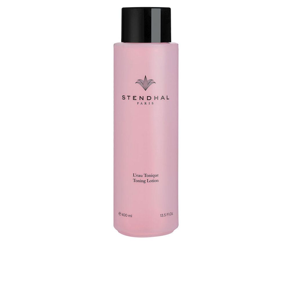 Flacone rosa con tappo nero. Scritta: Stendhal Paris, L'Eau Tonique, Toning Lotion. Volume: 400 ml.