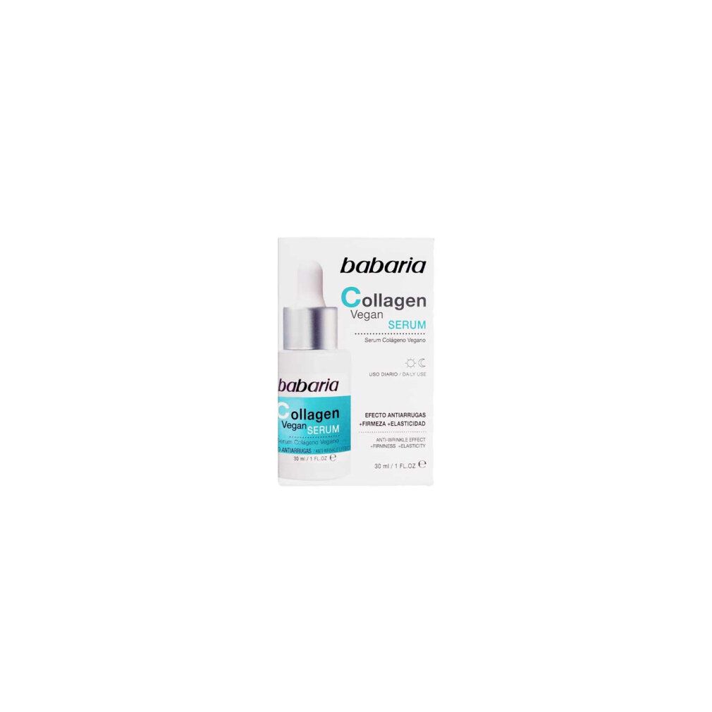 Flacone e confezione Babaria Collagen Vegan Serum. Bianco, blu e argento. Testo: Anti-rughe, compattezza, elasticità.