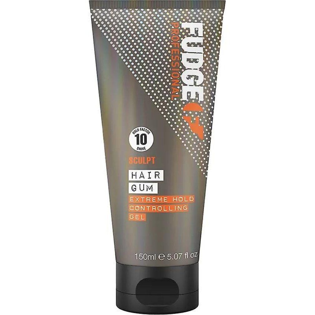 Tubo grigio con tappo nero. Scritte: "Fudge Professional", "Sculpt Hair Gum", "Extreme Hold Controlling Gel".