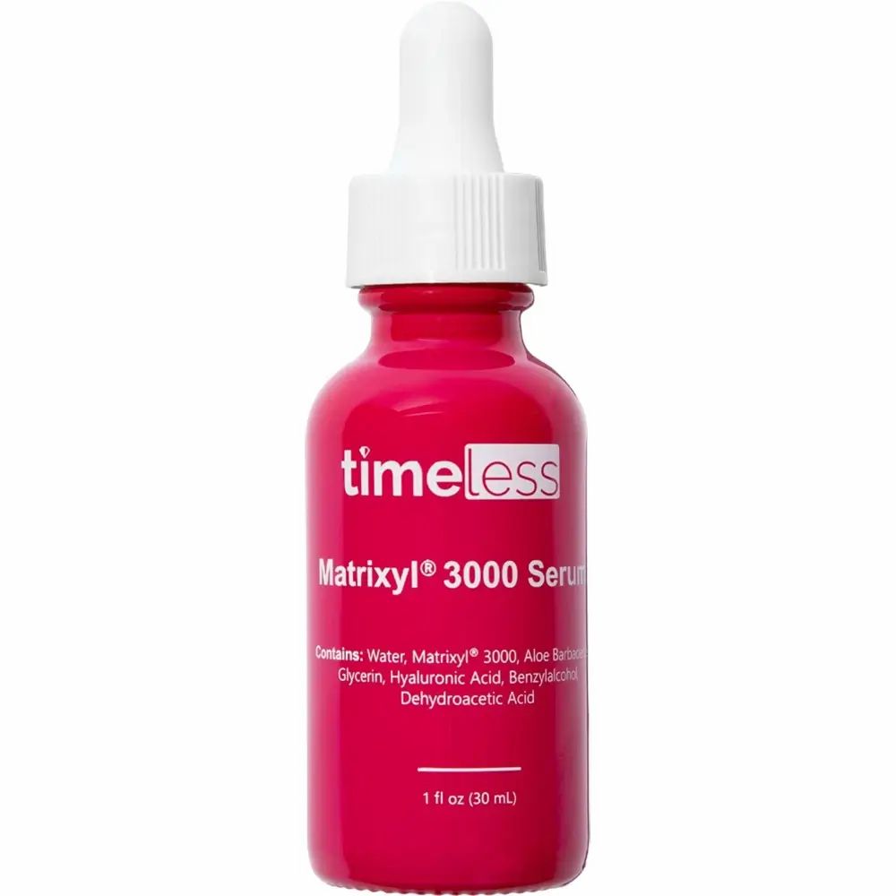 Flacone rosso con contagocce bianco. Scritta: Timeless, Matrixyl 3000 Serum. Contiene ingredienti.