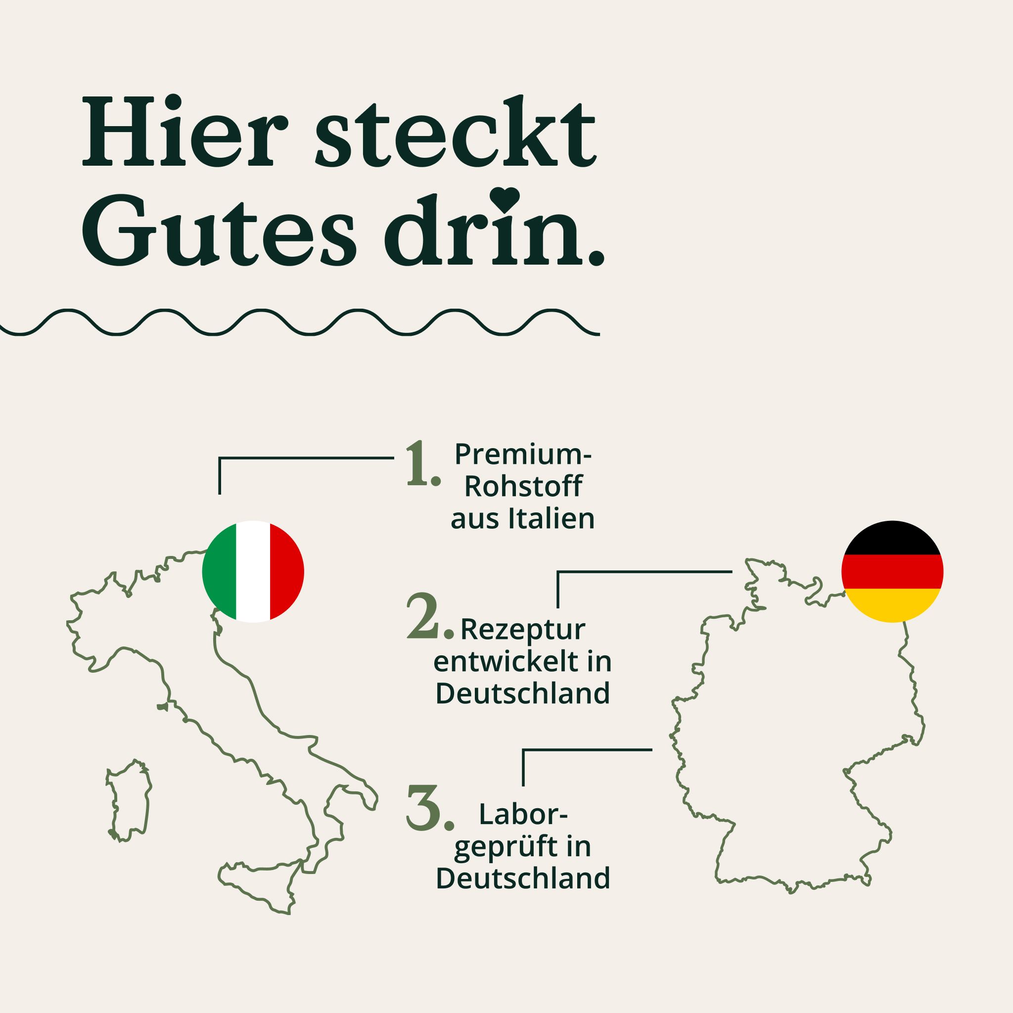 Mappe dell'Italia e della Germania con testo sull'origine e lo sviluppo del prodotto.
