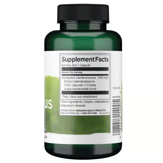 Vista posteriore del flacone verde. Etichetta bianca con informazioni nutrizionali e ingredienti. Tappo nero.