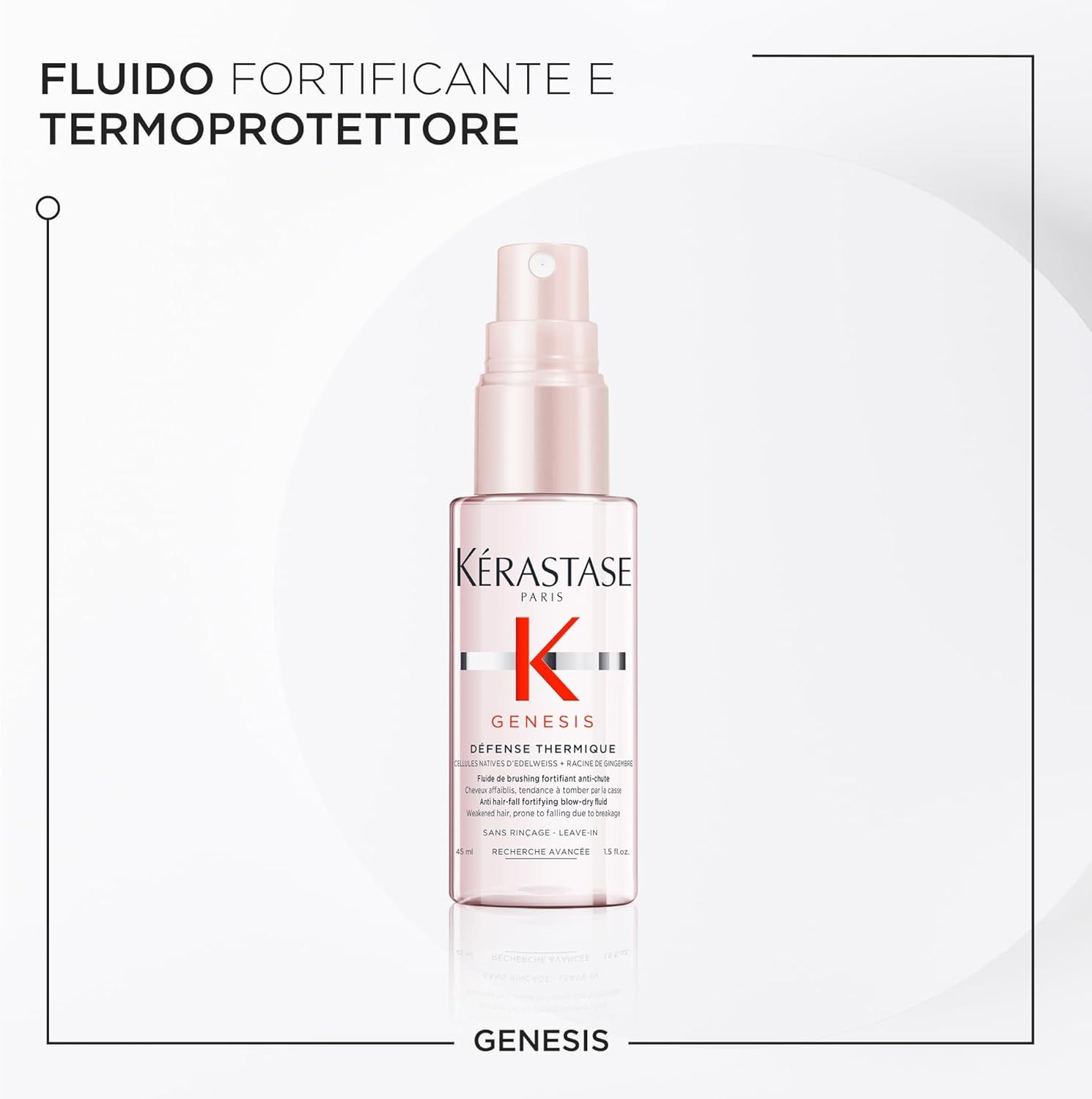 Spray termoprotettore Kérastase Genesis. Flacone rosa. Testo: Défense Thermique. Protezione termica.