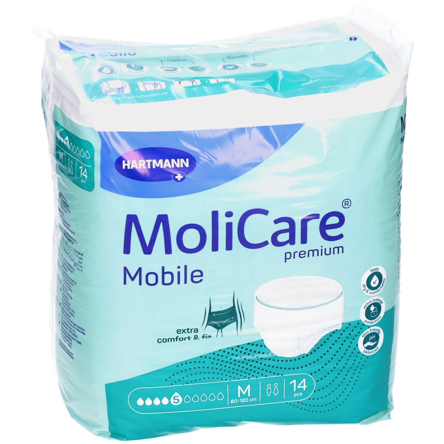 Confezione di Hartmann MoliCare Mobile Premium Pants. Taglia M, 88 cm, 14 pezzi. Verde e bianco. Logo Hartmann.
