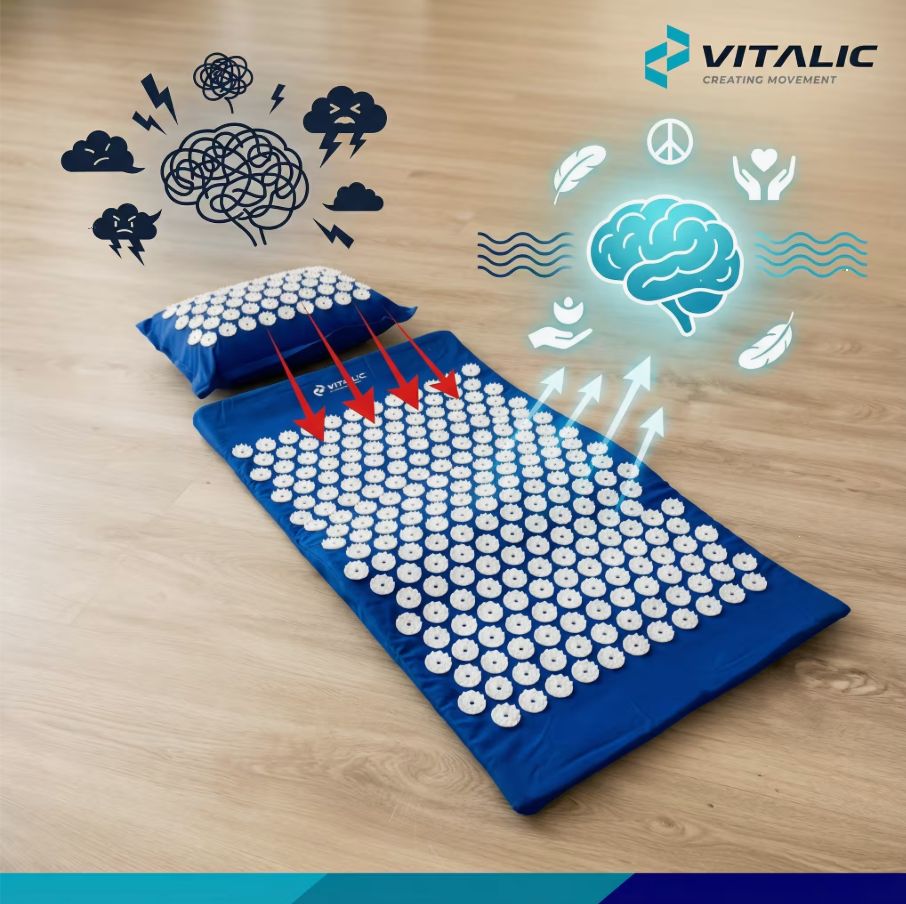 Set di acupressione blu con tappetino e cuscino. Picchi bianchi. Logo VITALIC. Rappresentazione grafica del cervello e delle frecce.