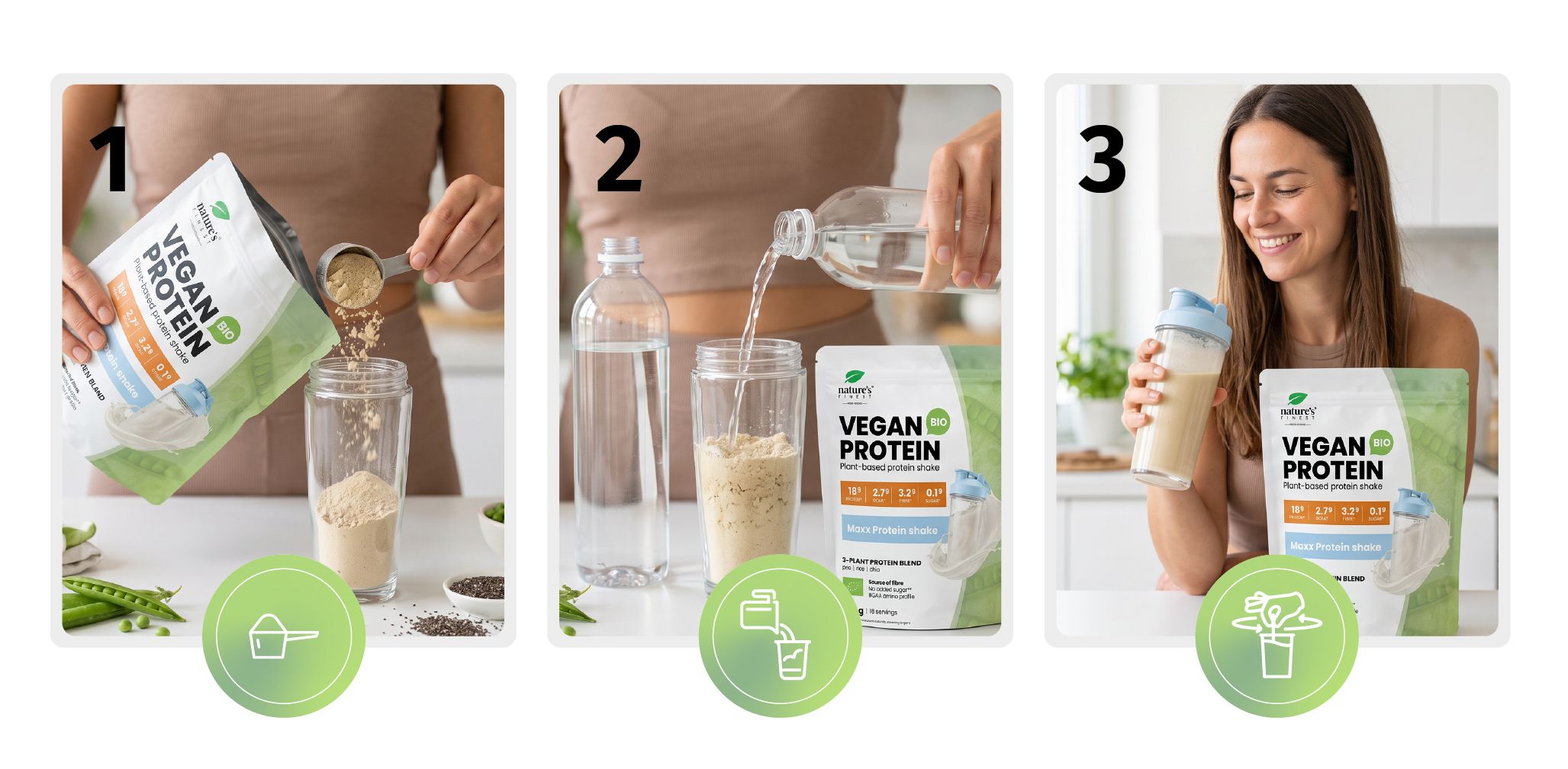 Passaggi per preparare un frullato proteico vegano: polvere nel flacone, aggiungere acqua, agitare.