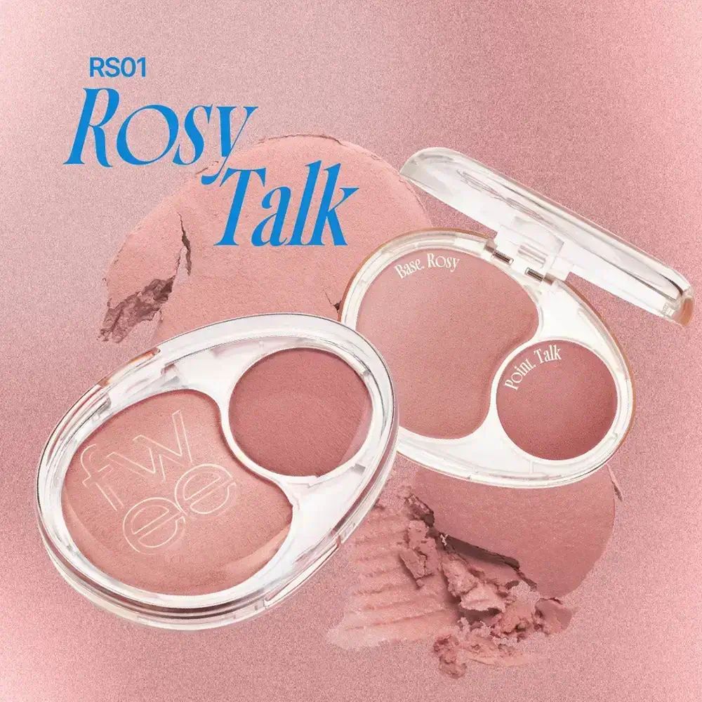 Due palette di blush FWEE Mellow Dual Blusher RS01 Rosy Talk. Una aperta, una chiusa. Tonalità rosa, forma ovale con due scomparti.