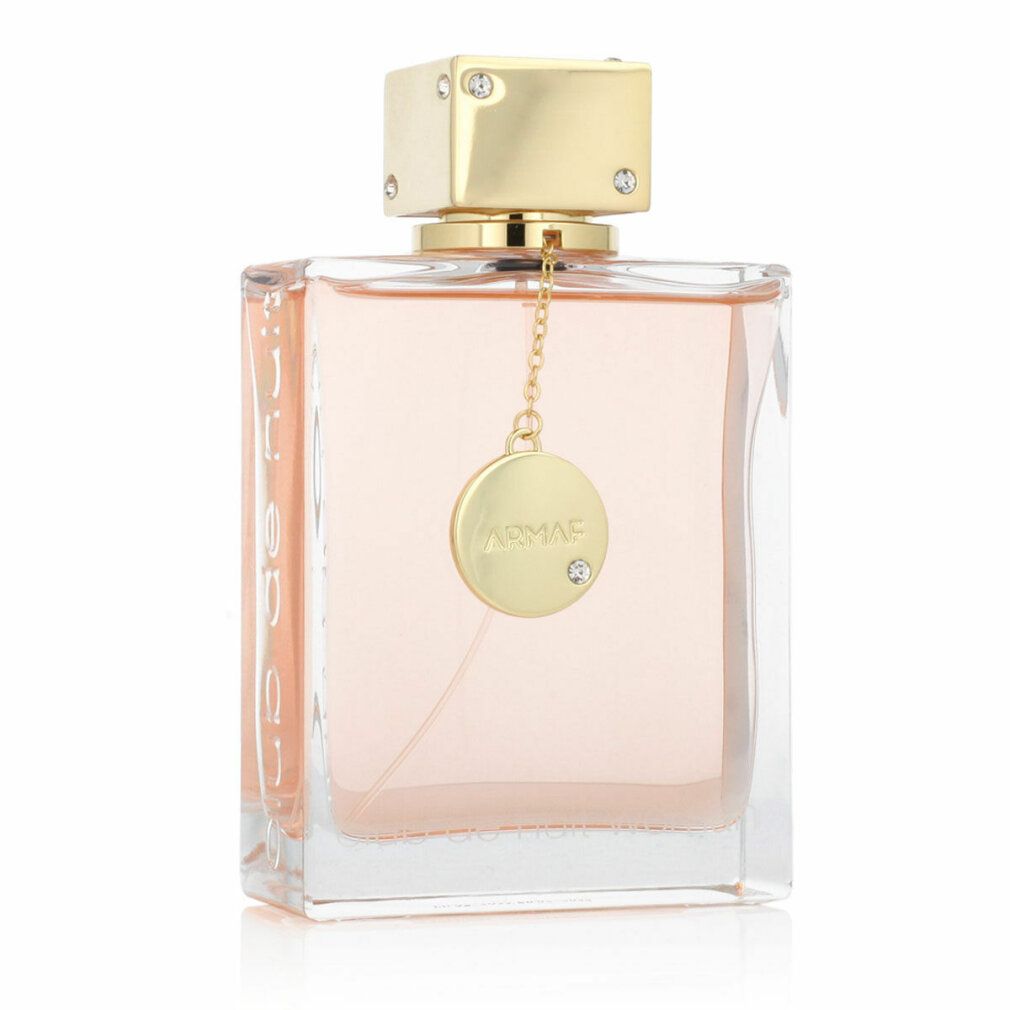 Flacone di profumo. Flacone quadrato, liquido rosa. Tappo dorato con strass, pendente. Marchio Armaf.