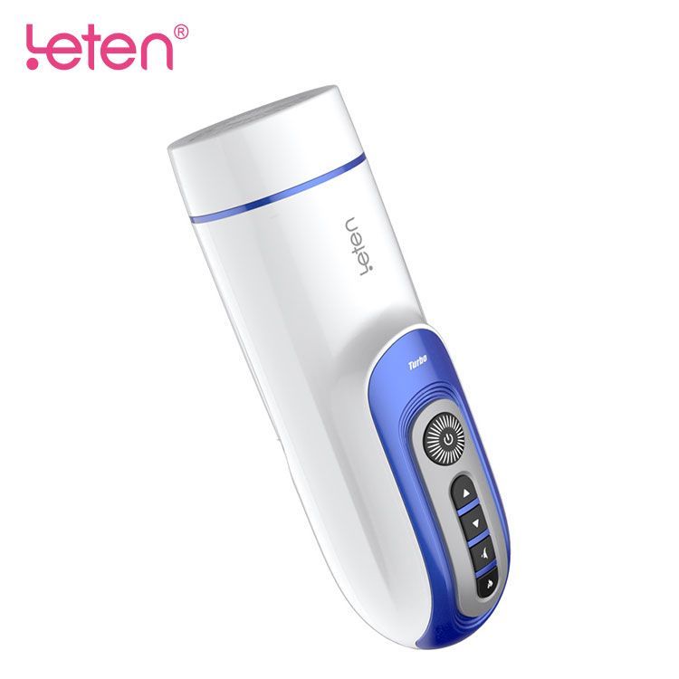 Dispositivo bianco e blu con pannello di controllo. Marchio: leten. Pannello con pulsanti e accensione/spegnimento. Parte superiore angolata.