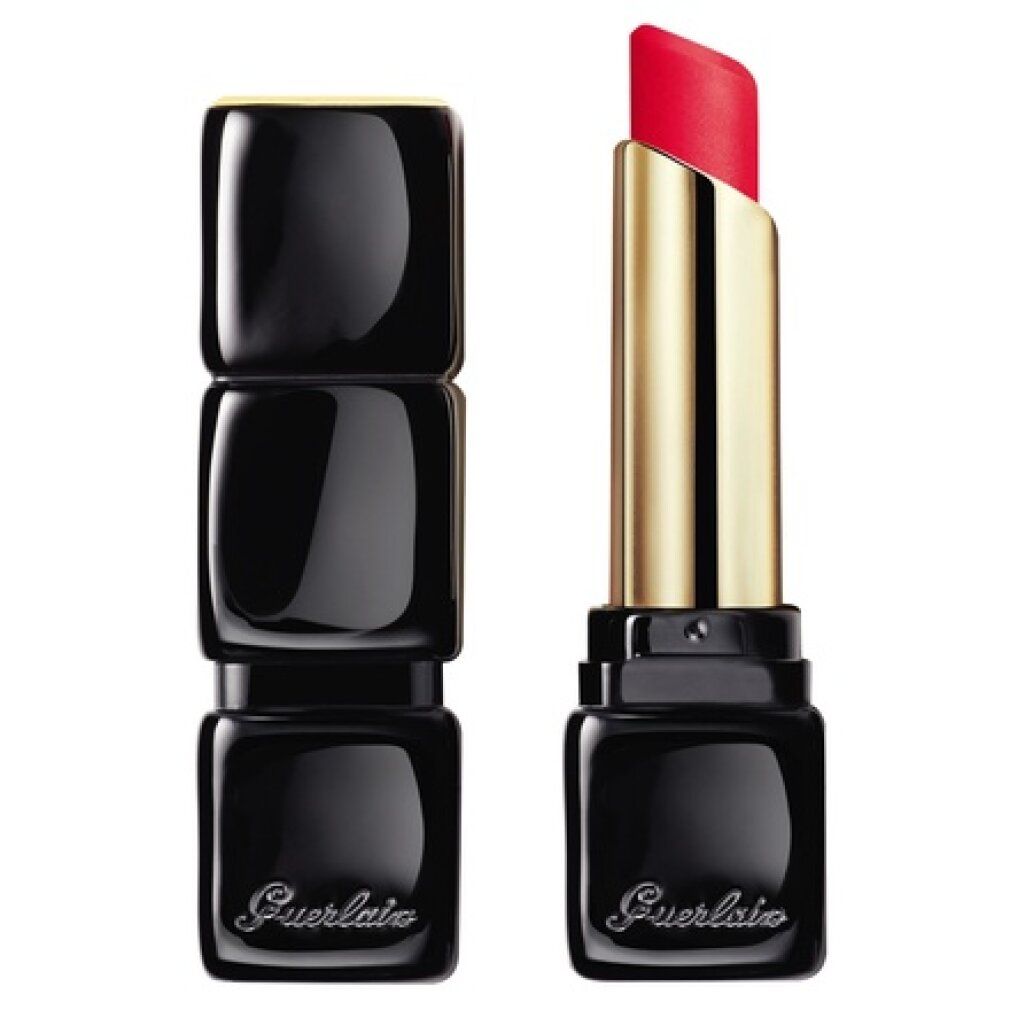 Rossetto rosso con astuccio nero e tubo dorato. Il coperchio è rimosso. "Guerlain" è visibile.