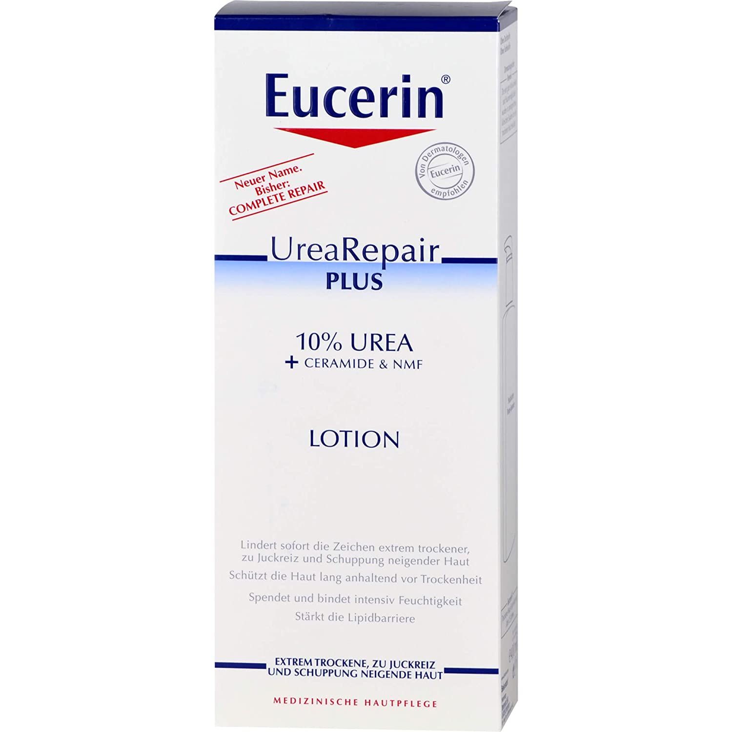 Eucerin UreaRepair PLUS 10% Urea Lotion in confezione bianca. Contiene urea, ceramidi e NMF. Adatto per pelli estremamente secche e soggette a prurito. Con la dicitura 'Nuovo nome. Finora: COMPLETE REPAIR'.