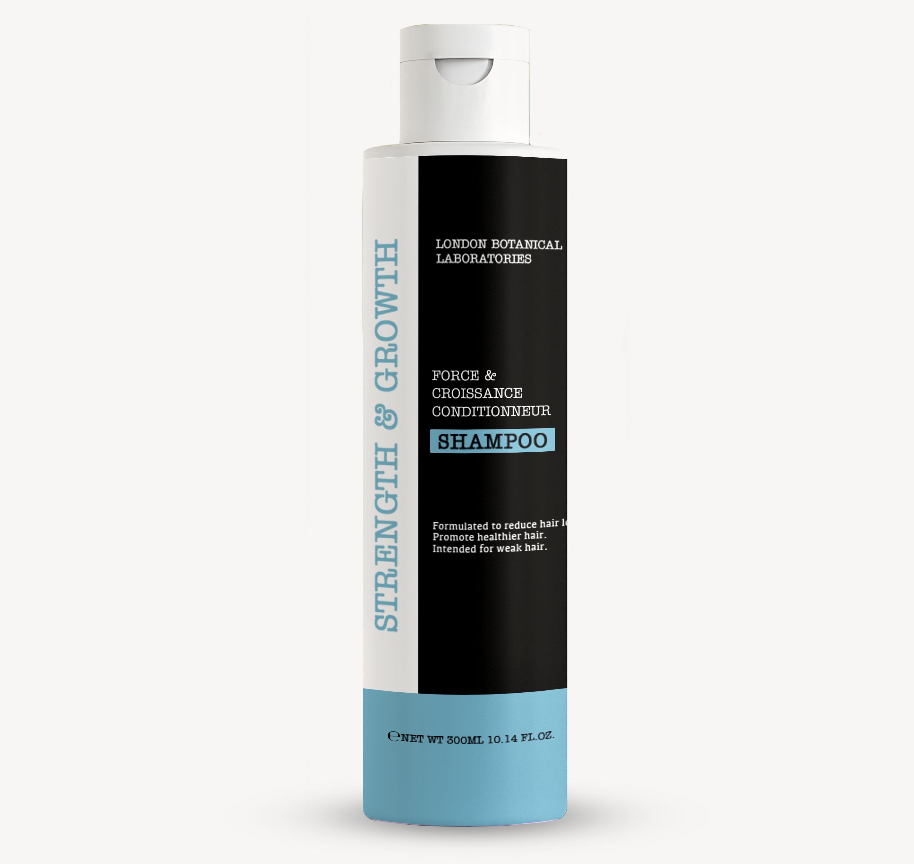 Flacone di shampoo con tappo bianco, base blu ed etichetta nera. Testo: Strength & Growth, Shampoo, London Botanical Laboratories.