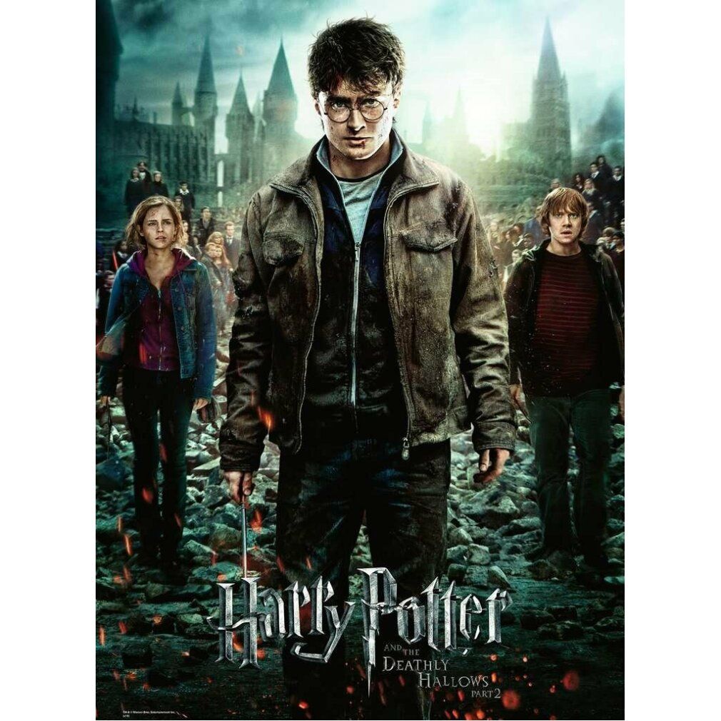 Puzzle di Harry Potter, motivo: Harry, Hermione e Ron. Sfondo: castello. Titolo: Harry Potter e i Doni della Morte, Parte 2.
