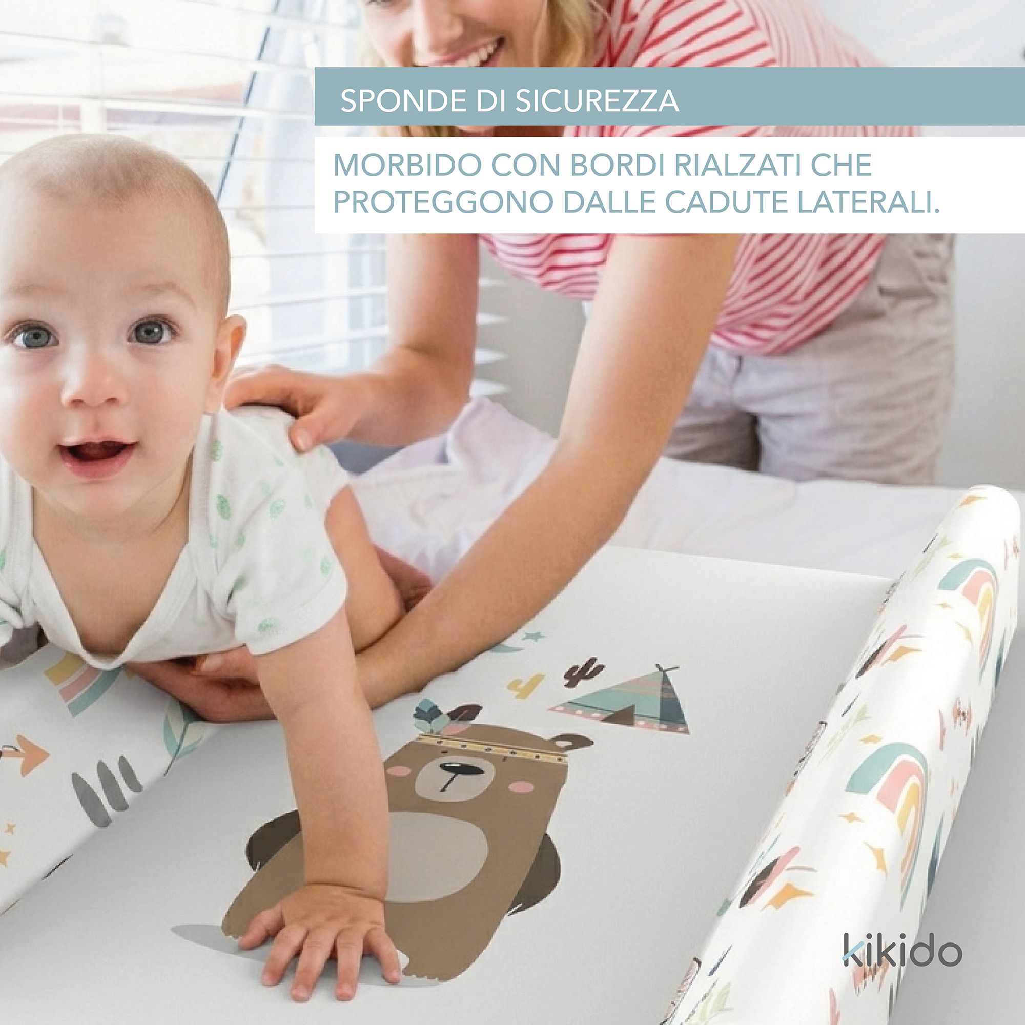 Materassino fasciatoio con motivo orso, bordi rialzati, logo Kikido.