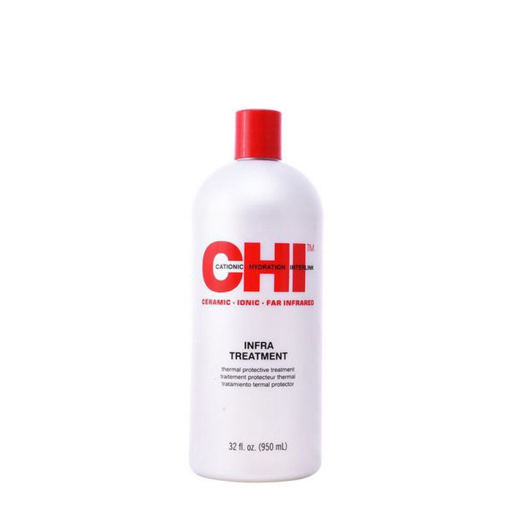 Flacone con tappo rosso. Scritta CHI, Infra Treatment. Volume: 32 fl. oz. (950 ml).