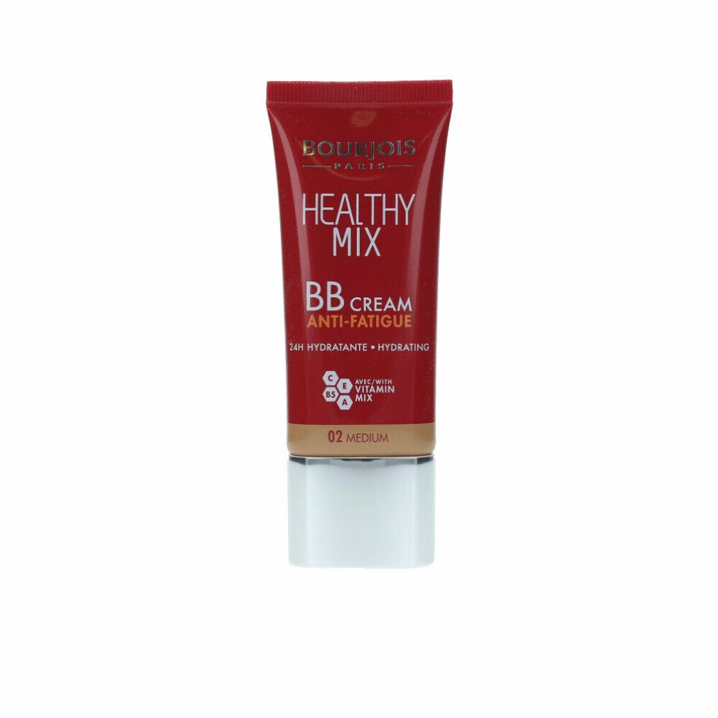 Tubo rosso Bourjois Healthy Mix BB Cream 02 Medium. Testo: Healthy Mix, BB Cream Anti-Fatigue, 24H Hydratante + Hydrating.