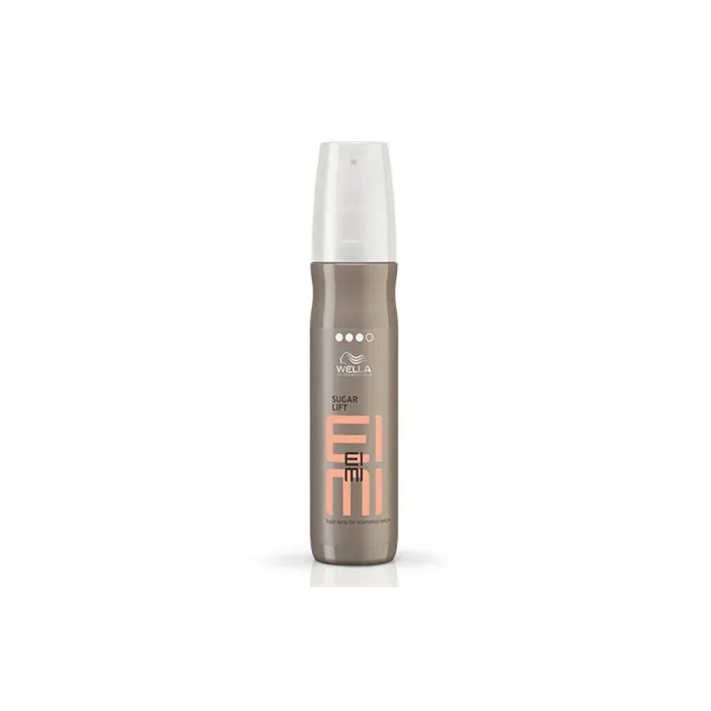 Flacone spray per capelli con erogatore bianco. Scritta: Wella Eimi Sugar Lift. Colori rosa e grigio.
