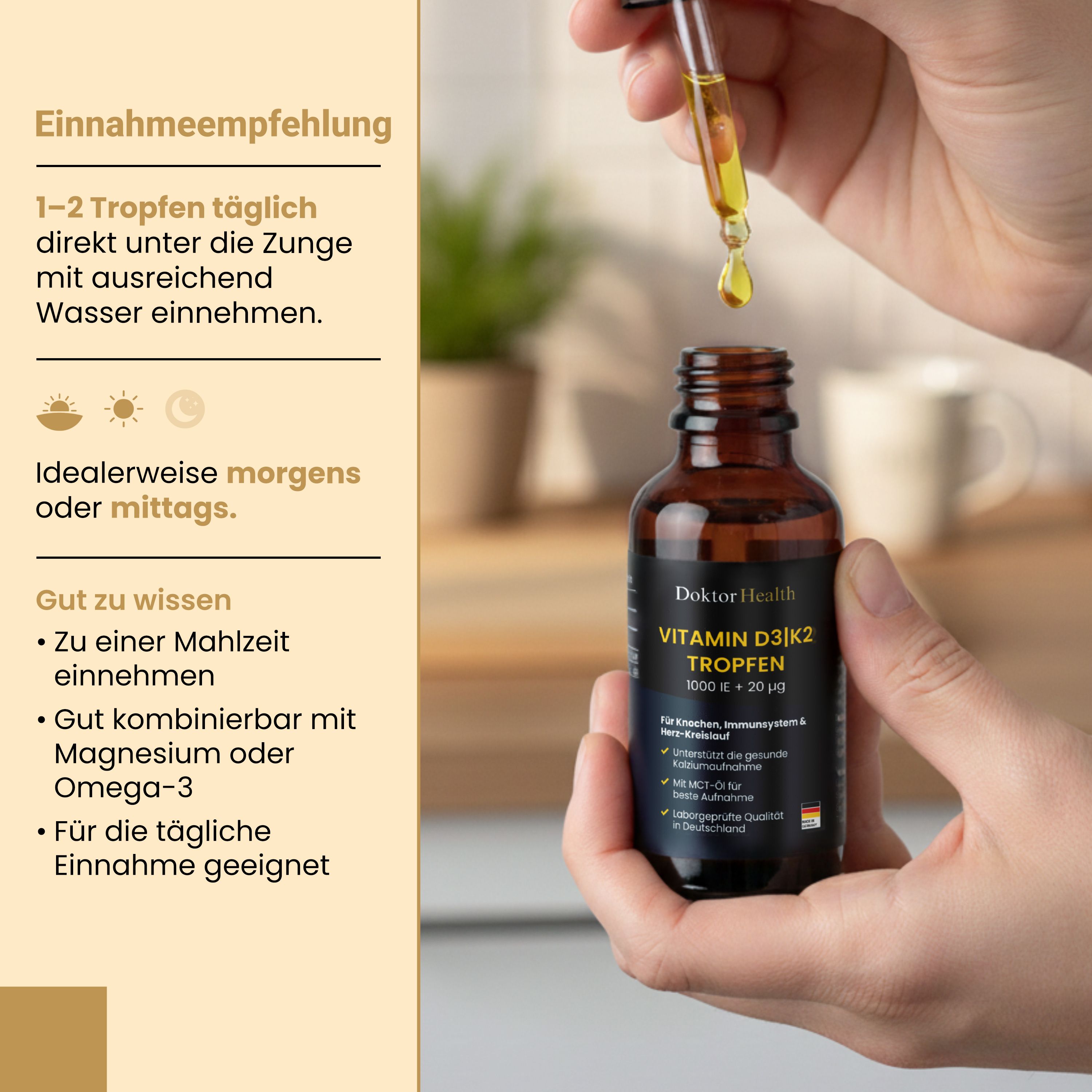 Mano che tiene un flacone contagocce. Gocce che cadono nel flacone. Testo: Raccomandazioni per l'assunzione.