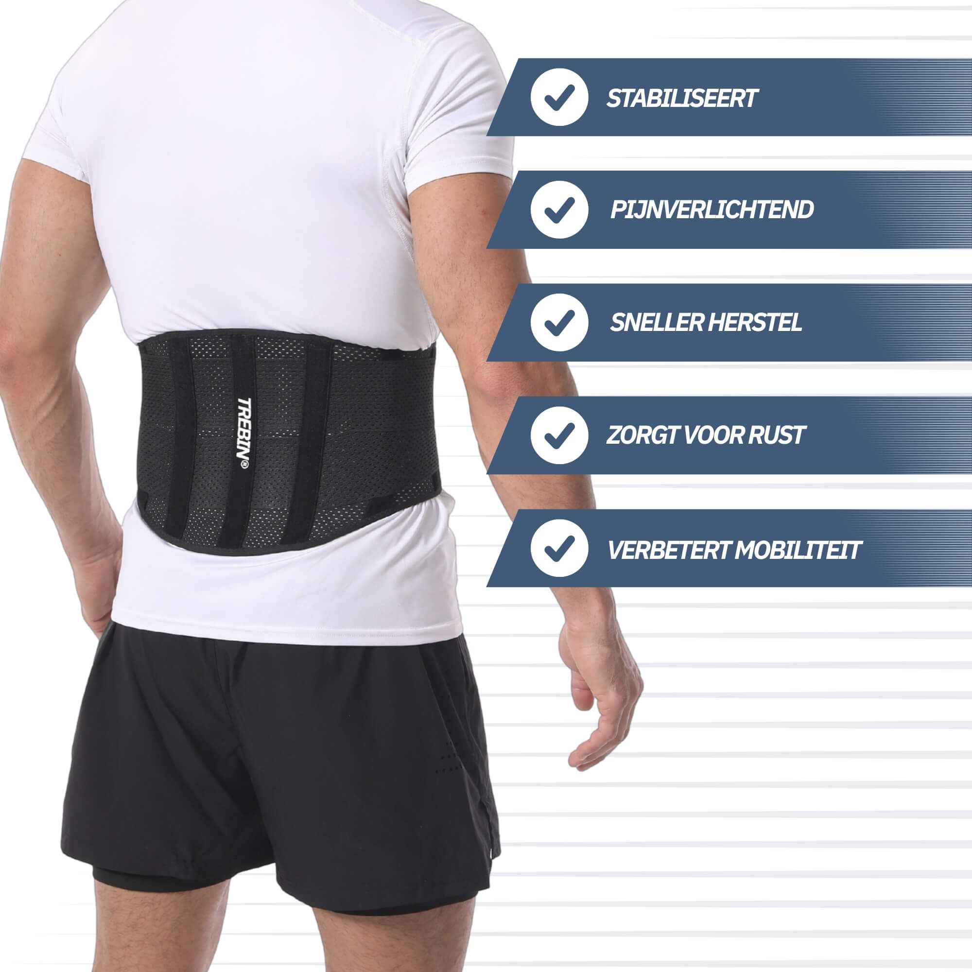 Fascia lombare nera con chiusura in velcro e tessuto in rete traspirante.