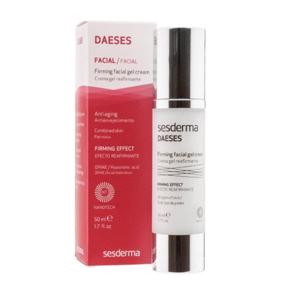 Sesderma Daeses Gel Crema Viso Rassodante con confezione. Flacone bianco, confezione rossa. Nome e dettagli del prodotto.