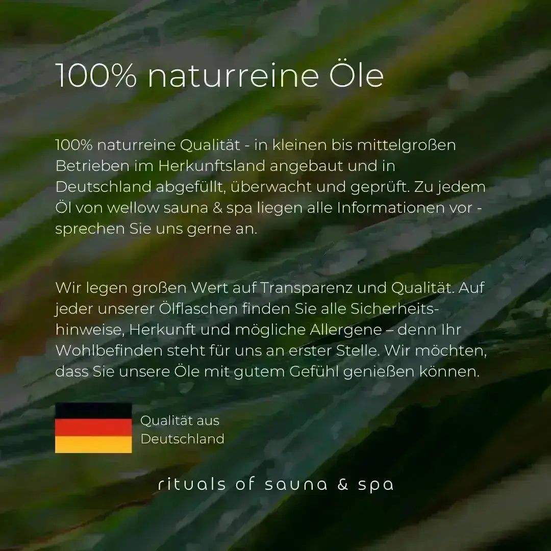 Testo: Oli puri al 100%. Qualità dalla Germania. Informazioni sugli oli e sul marchio Wellow.
