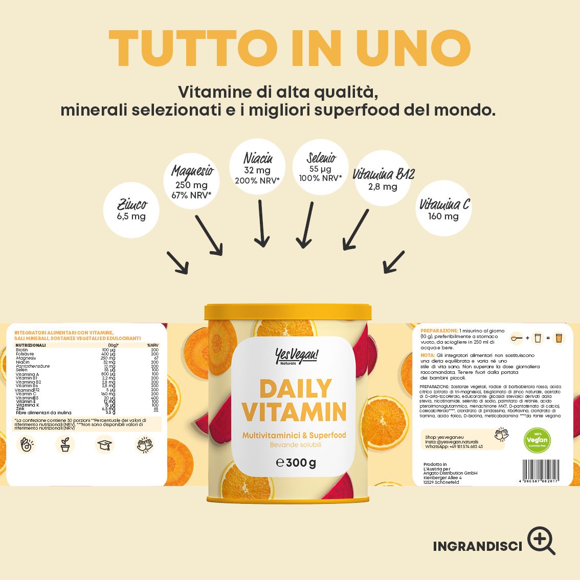 Infografica con vitamine e minerali. Barattolo di polvere vitaminica con scritta Daily Vitamin.