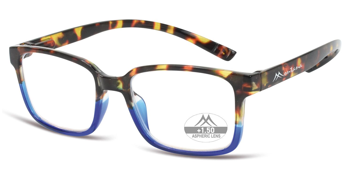 Occhiali con montatura blu e motivo marrone-giallo. Sul vetro è presente la scritta "+1.50 Aspheric Lens".