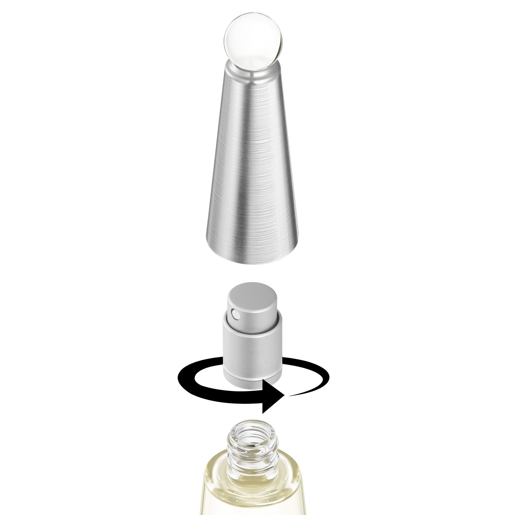 Componenti dell'atomizzatore e del flacone. L'atomizzatore si avvita sul flacone.