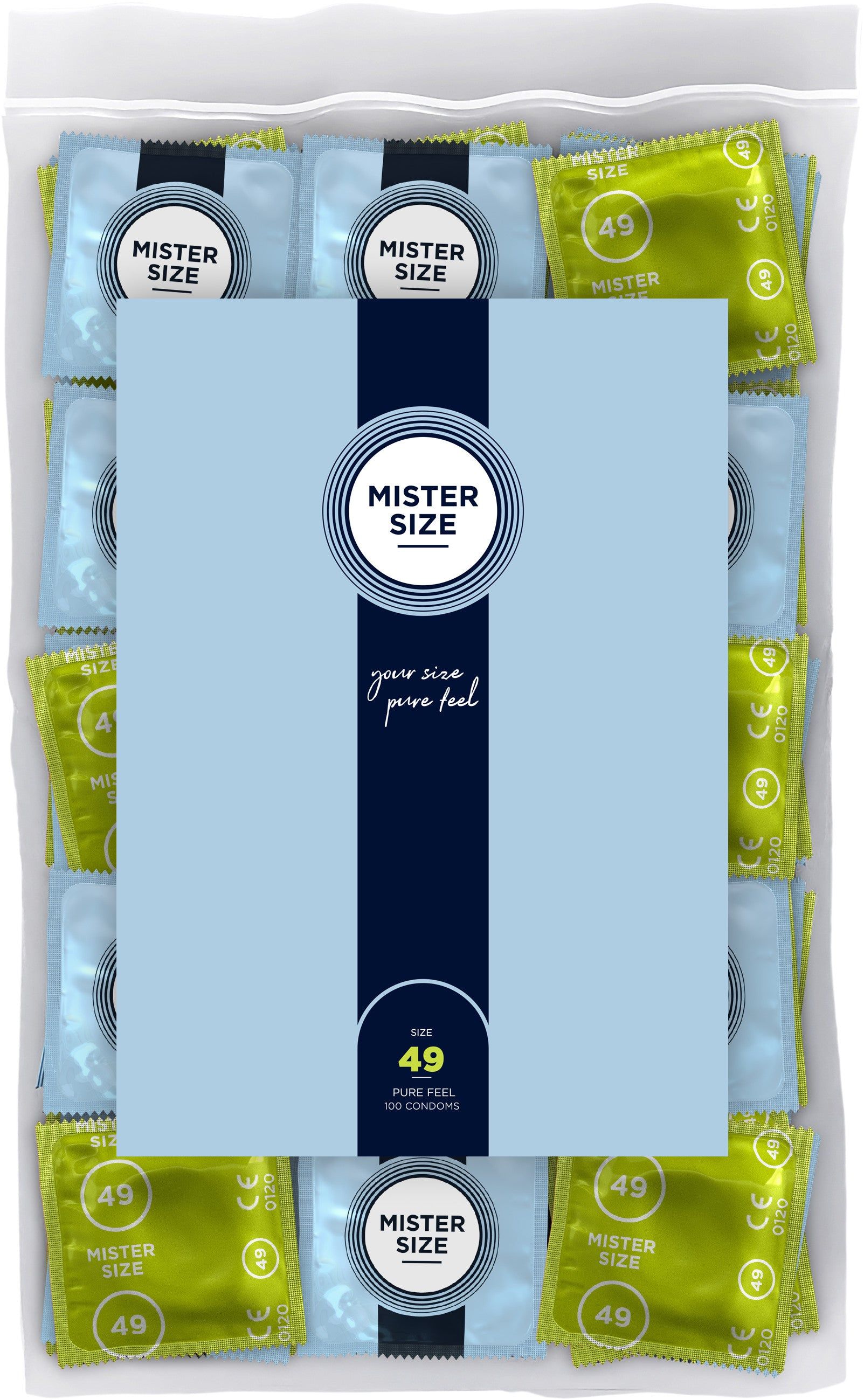 Confezione di preservativi. Confezioni singole blu e oro. Scritta "Mister Size 49". Confezione trasparente.