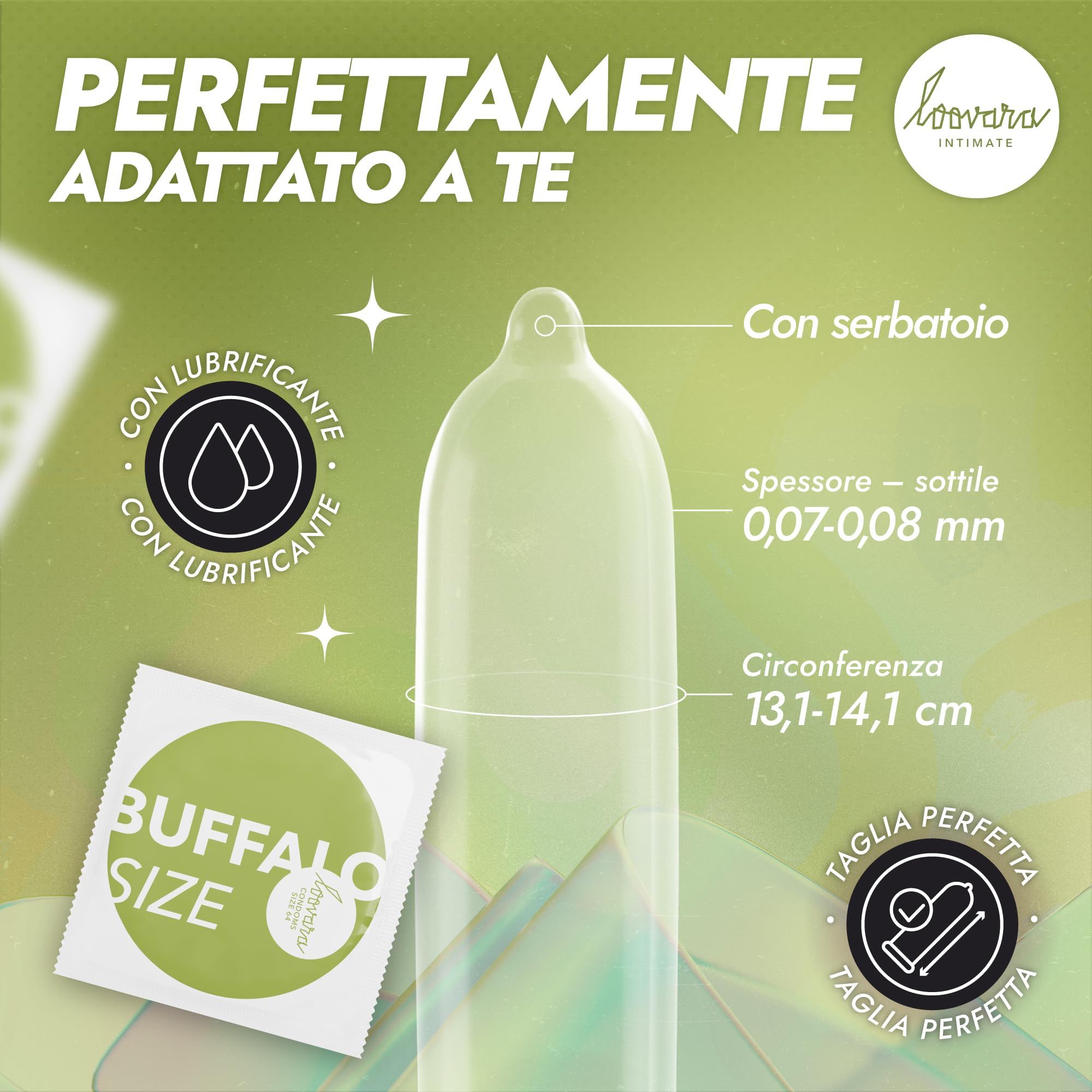 Preservativo Loovara: Sottile, con serbatoio, larghezza 64mm, circonferenza 13,1-14,1cm.