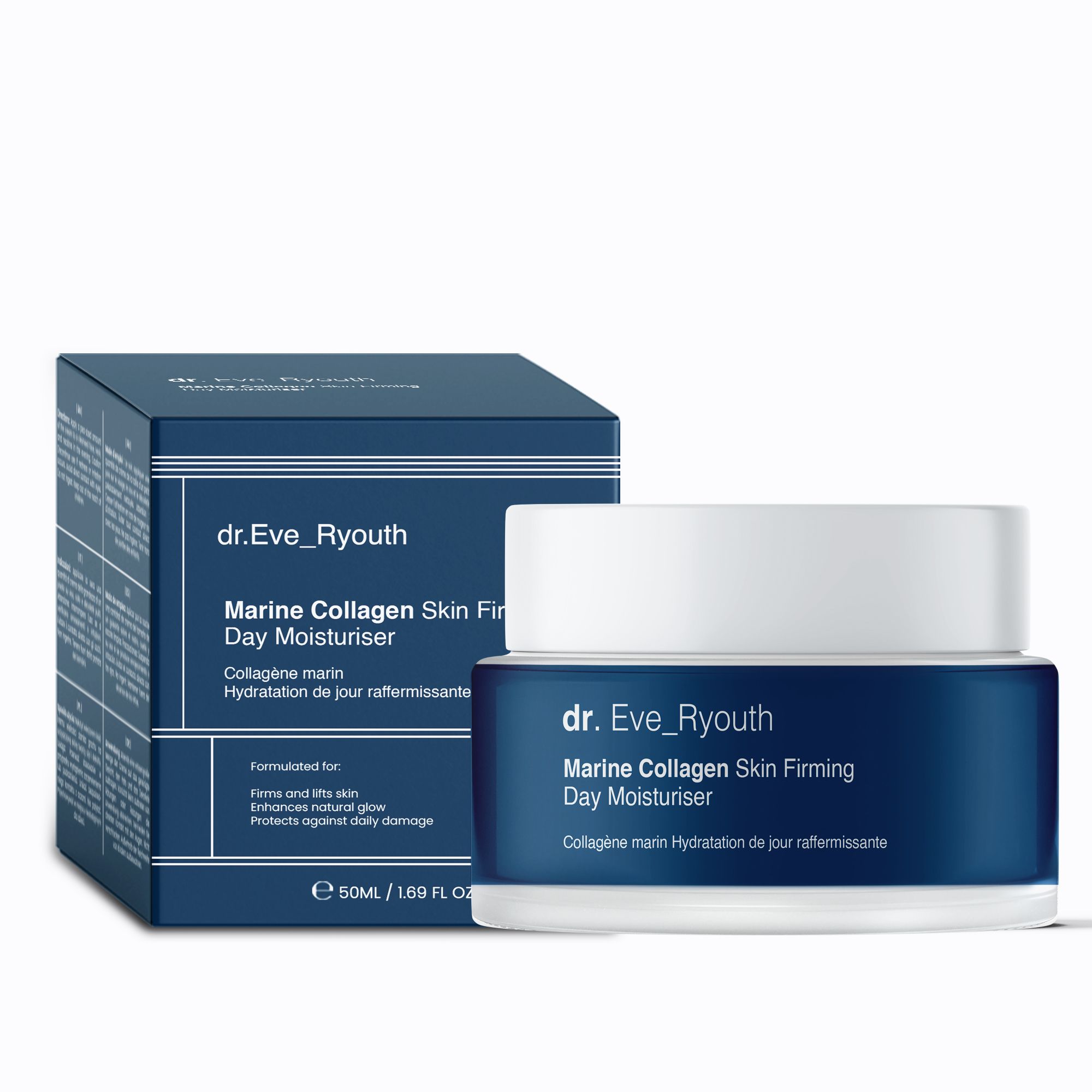 Vaso e scatola blu e bianchi. Scritta: Marine Collagen Skin Firming Day Moisturiser. 50ml.