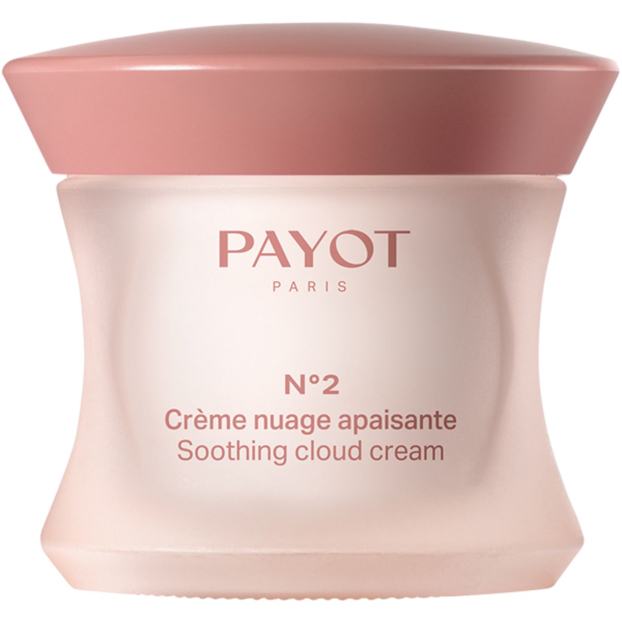 Vaso di crema con coperchio rosa. Scritta: PAYOT PARIS, N°2, Crème nuage apaisante, Soothing cloud cream.