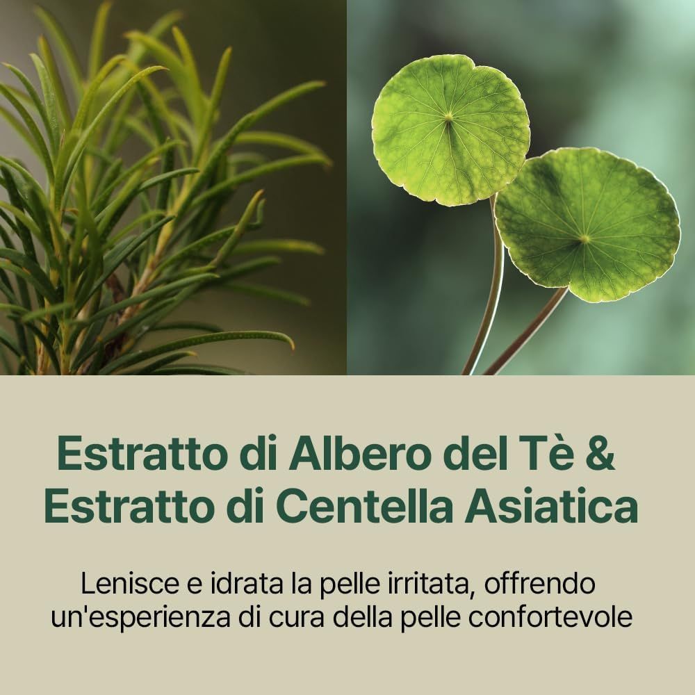 Due immagini: Estratto di tea tree e Centella Asiatica. Testo: Estratto di Albero del Tè & Estratto di Centella Asiatica.