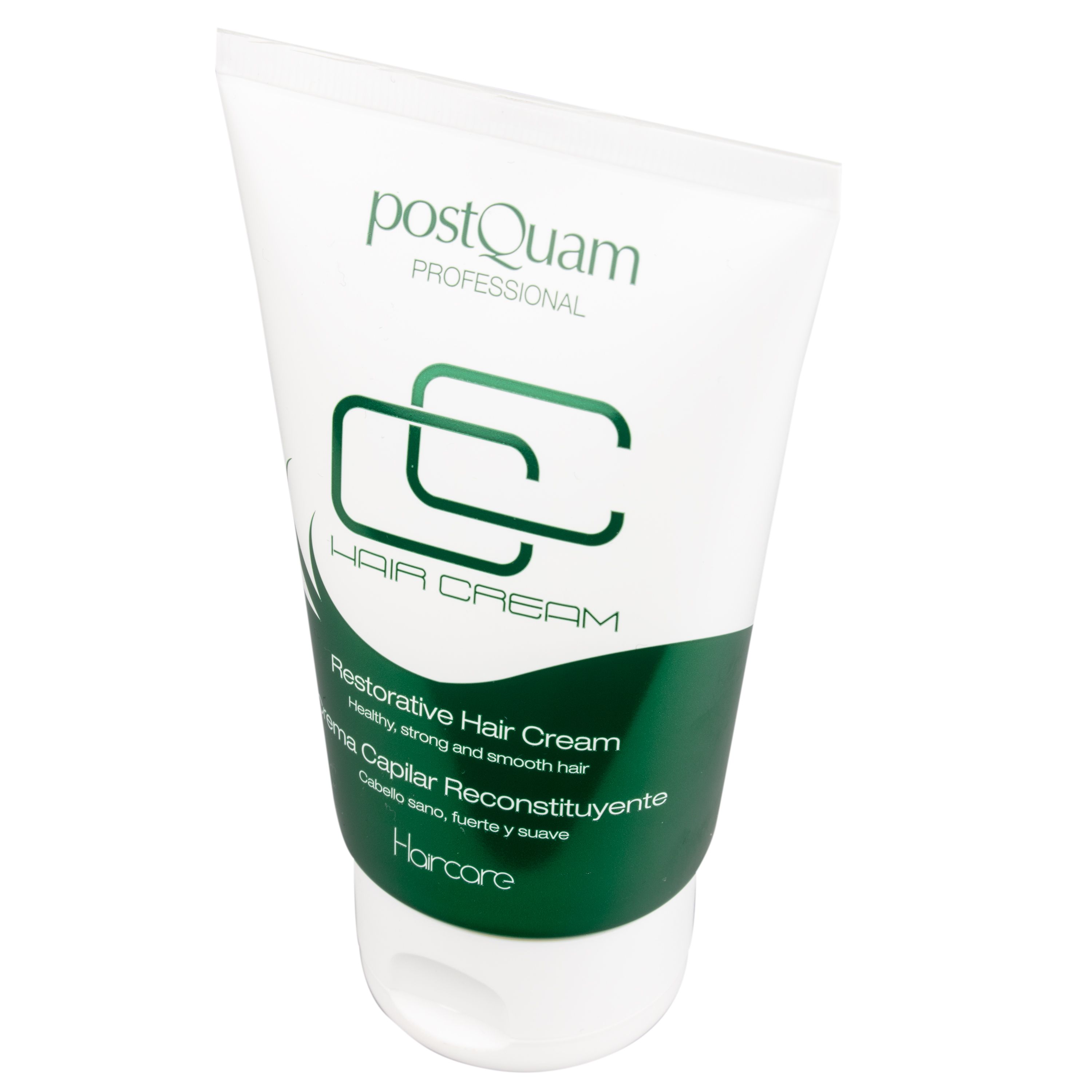 Tubo bianco e verde. Testo: Restorative Hair Cream, PostQuam Professional. Scritte in inglese e spagnolo.