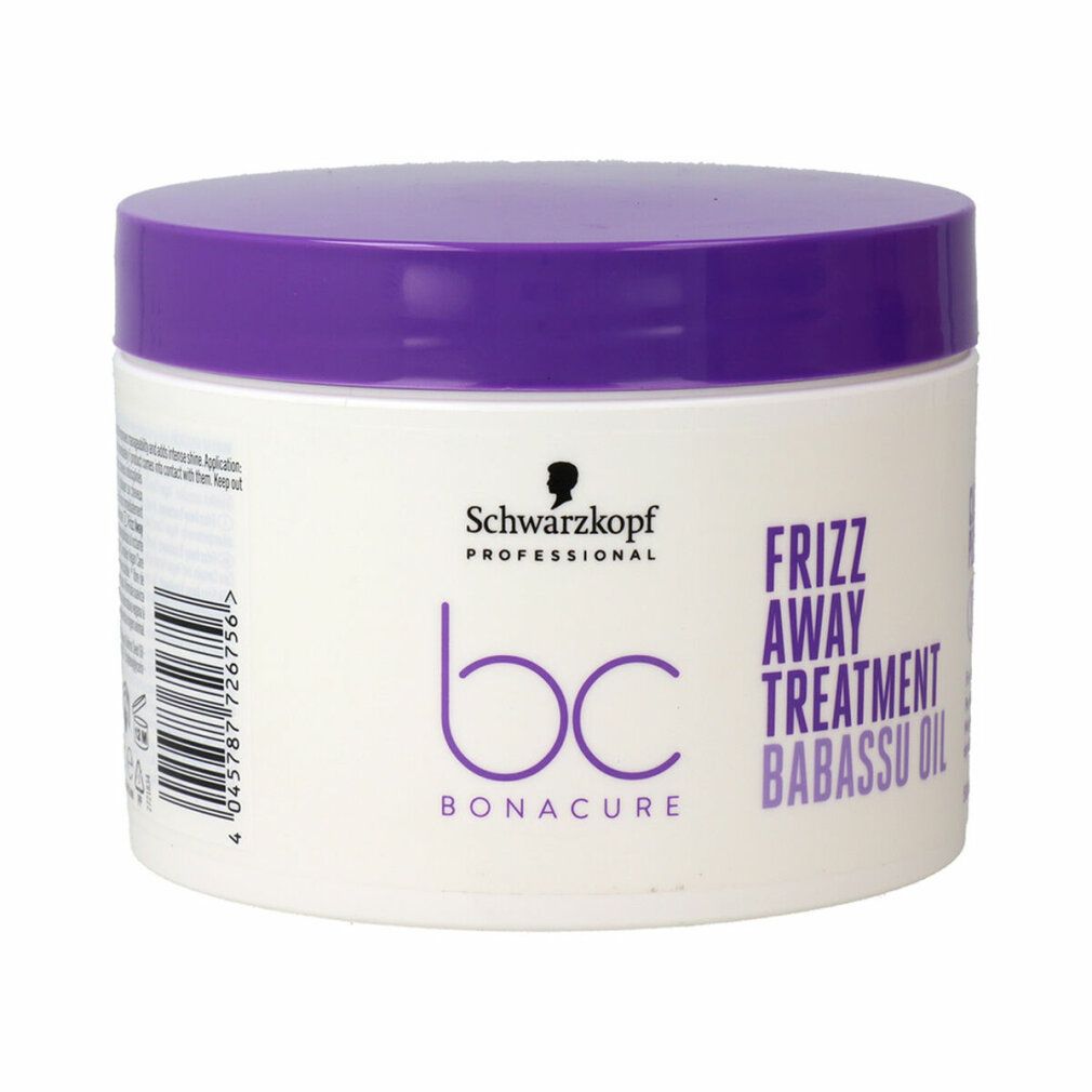 Vaso bianco con coperchio viola. Scritta: Schwarzkopf Professional bc Bonacure Frizz Away Treatment Babassu Oil.