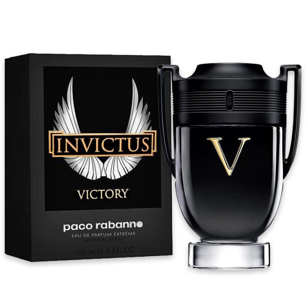 Flacone nero con "V" dorata e confezione nera con logo "Invictus Victory".
